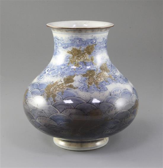 Makuzu Kozan - an early underglaze blue and copper red vase, Meiji period, height 18.5cm, rim chip